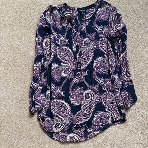 Women’s Navy Paisley Long-Sleeve Blouse - Purple & Cream
